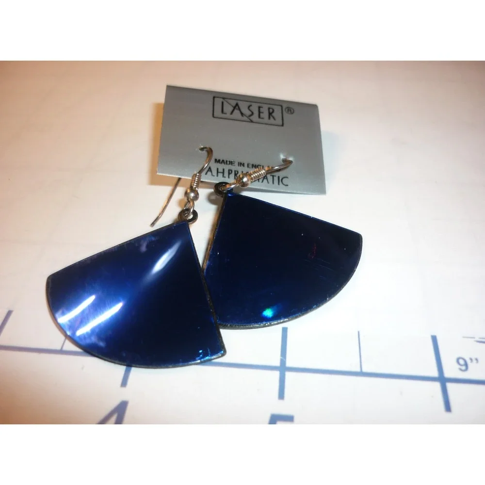 Laser Vintage Cobalt Blue Prismatic Fan Drop Earrings Made in England Retro‎ 80s